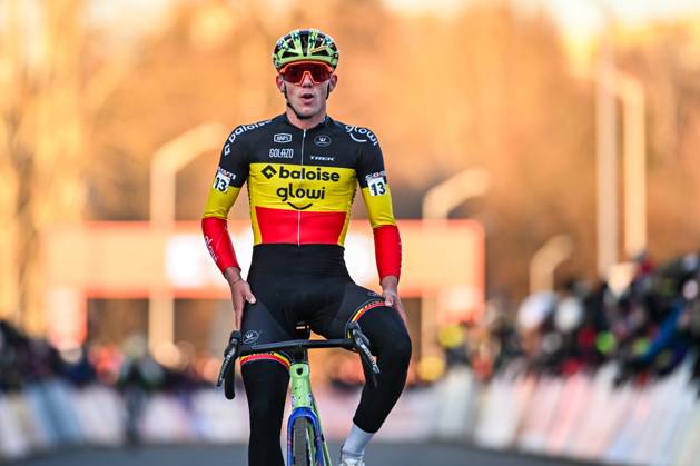 Belgian Thibau Nys celebrates as he crosses the finish line to win the men elite race at the World Cup cyclocross cycling event in Tabor, Czech Republic, stage 1 (out of 12) of the UCI World Cup cyclocross competition, Sunday 23 November 2025. DAVIDxPINTENS x143656446x