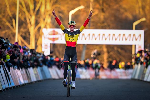 Belgian Thibau Nys celebrates as he crosses the finish line to win the men elite race at the World Cup cyclocross cycling event in Tabor, Czech Republic, stage 1 (out of 12) of the UCI World Cup cyclocross competition, Sunday 23 November 2025. DAVIDxPINTENS x143656468x