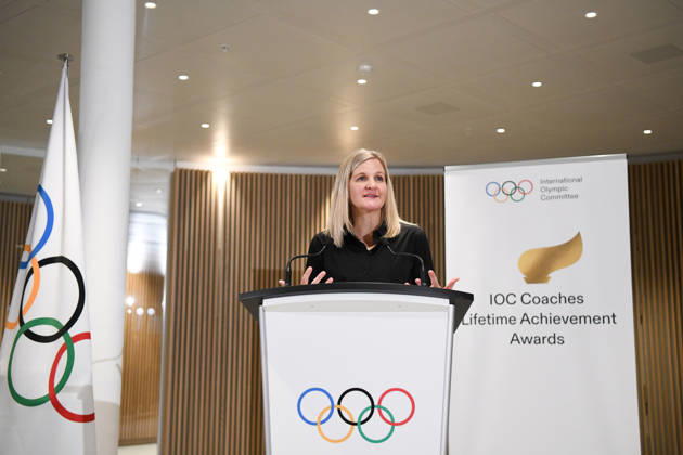 (251125) -- LAUSANNE, Nov. 25, 2025 -- IOC President Kirsty Coventry speaks at the awarding ceremony of the IOC Coaches Lifetime Achievement Award at the Olympic House in Lausanne, Switzerland, Nov. 24, 2025. The International Olympic Committee (IOC) honored Monday Chinese volleyball coach Lang Ping and Cuba s wrestling coach Raul de Jesus Trujillo Diaz as the IOC Coaches Lifetime Achievement Award at the Olympic House here. ) (SP)SWITZERLAND-LAUSANNE-2025 IOC COACHES LIFETIME ACHIEVEMENT AWARD LianxYi