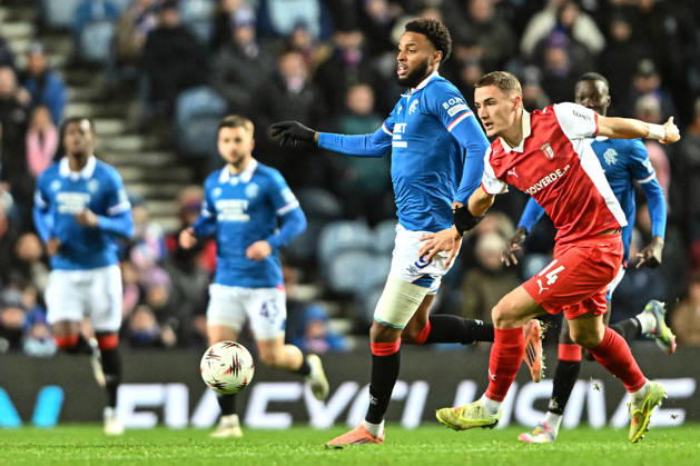 Rangers v S.C. Braga UEFA Europa League Youssef Chermiti of Rangers and Gustaf Lagerbielke of S.C. Braga during the UEFA Europa League match at Ibrox Stadium, Glasgow UK Newspapers OUT Copyright: xJamiexJohnstonx FIL-22559-0073