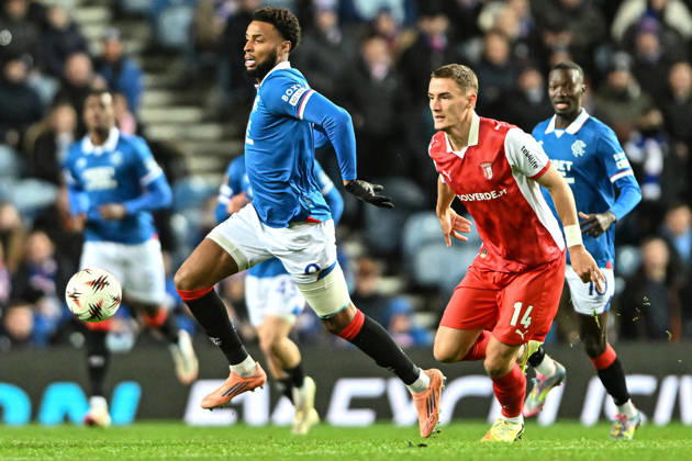 Rangers v S.C. Braga UEFA Europa League Youssef Chermiti of Rangers and Gustaf Lagerbielke of S.C. Braga during the UEFA Europa League match at Ibrox Stadium, Glasgow UK Newspapers OUT Copyright: xJamiexJohnstonx FIL-22559-0074