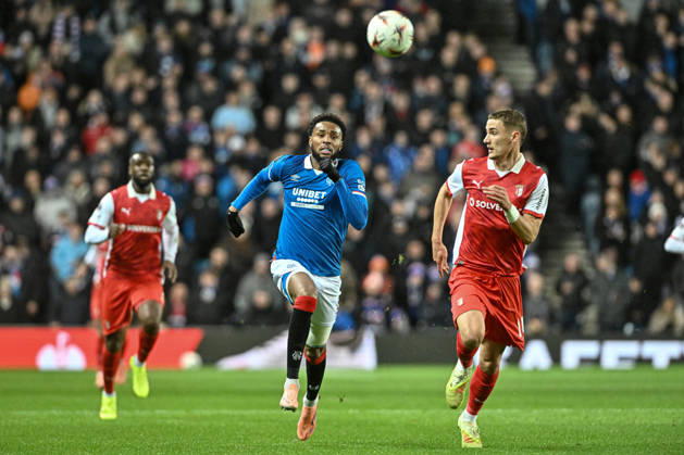 Rangers v S.C. Braga UEFA Europa League Youssef Chermit of Rangers and Gustaf Lagerbielke of S.C. Braga during the UEFA Europa League match at Ibrox Stadium, Glasgow UK Newspapers OUT Copyright: xJamiexJohnstonx FIL-22559-0125
