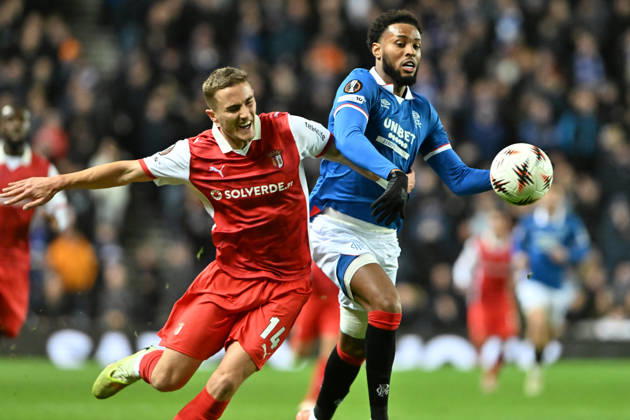 Rangers v S.C. Braga UEFA Europa League Youssef Chermit of Rangers and Gustaf Lagerbielke of S.C. Braga during the UEFA Europa League match at Ibrox Stadium, Glasgow UK Newspapers OUT Copyright: xJamiexJohnstonx FIL-22559-0126