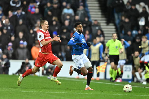 Rangers v S.C. Braga UEFA Europa League Youssef Chermiti of Rangers is tackled by Gustaf Lagerbielke of S.C. Braga during the UEFA Europa League match at Ibrox Stadium, Glasgow UK Newspapers OUT Copyright: xJamiexJohnstonx FIL-22559-0203