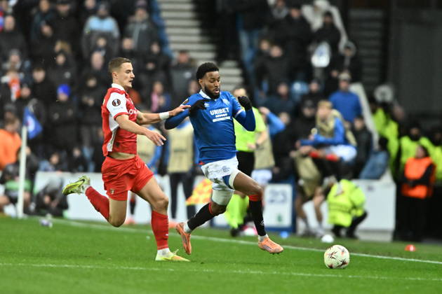 Rangers v S.C. Braga UEFA Europa League Youssef Chermiti of Rangers is tackled by Gustaf Lagerbielke of S.C. Braga during the UEFA Europa League match at Ibrox Stadium, Glasgow UK Newspapers OUT Copyright: xJamiexJohnstonx FIL-22559-0204