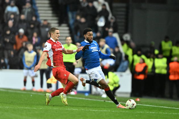 Rangers v S.C. Braga UEFA Europa League Youssef Chermiti of Rangers is tackled by Gustaf Lagerbielke of S.C. Braga during the UEFA Europa League match at Ibrox Stadium, Glasgow UK Newspapers OUT Copyright: xJamiexJohnstonx FIL-22559-0205