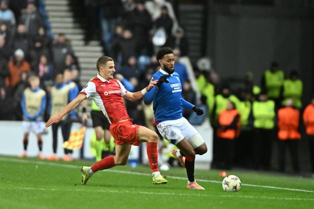 Rangers v S.C. Braga UEFA Europa League Youssef Chermiti of Rangers is tackled by Gustaf Lagerbielke of S.C. Braga during the UEFA Europa League match at Ibrox Stadium, Glasgow UK Newspapers OUT Copyright: xJamiexJohnstonx FIL-22559-0207
