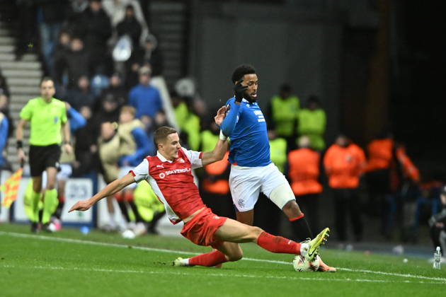 Rangers v S.C. Braga UEFA Europa League Youssef Chermiti of Rangers is tackled by Gustaf Lagerbielke of S.C. Braga during the UEFA Europa League match at Ibrox Stadium, Glasgow UK Newspapers OUT Copyright: xJamiexJohnstonx FIL-22559-0210
