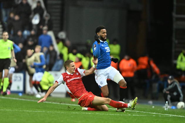 Rangers v S.C. Braga UEFA Europa League Youssef Chermiti of Rangers is tackled by Gustaf Lagerbielke of S.C. Braga during the UEFA Europa League match at Ibrox Stadium, Glasgow UK Newspapers OUT Copyright: xJamiexJohnstonx FIL-22559-0211