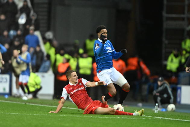 Rangers v S.C. Braga UEFA Europa League Youssef Chermiti of Rangers is tackled by Gustaf Lagerbielke of S.C. Braga during the UEFA Europa League match at Ibrox Stadium, Glasgow UK Newspapers OUT Copyright: xJamiexJohnstonx FIL-22559-0212