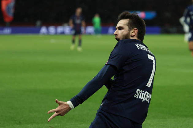 FBL-FRA-LIGUE1-Paris Saint Germain - Stade Rennes Khvicha Kvaratskhelia (Paris Saint-Germain) celebrate the goal during the French L1 football match between Paris Saint-Germain (PSG) an Stade Rennes at Parc des Princes Paris ,France, on December 06, 2025. Copyright: JoaquimxFerreira