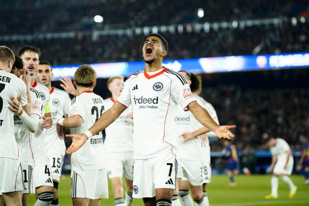 Spain-Football-Champions League FC Barcelona, Barca v Eintracht Frankfurt in Barcelona, Spain. Barcelona, Spain, 9, December, 2025. Eintracht Frankfurt player (07) Ansgar Knauff celebrates his score during Champions League match between FC Barcelona and Eintracht Frankfurt in Spotify Camp Nou Stadium, Barcelona, Spain, on December 9, 2025. Barcelona Spotify Camp Nou Stadium Barcelona Spain