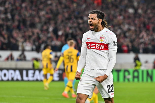 Europa League; VfB Stuttgart - Maccabi Tel Aviv; 11.12.2025 STUTTGART, GERMANY - 11. DECEMBER: Jubel der Schwaben nach dem Treffer zum 1-0 durch Lorenz ASSIGNON (VfB Stuttgart 22) Tor Torschuetze Freude Happy während dem Match zwischen dem VfB Stuttgart und Maccabi Tel Aviv am 6. Spieltag der UEFA Europa League Ligaphase in der MHP Arena Copyright: xBEAUTIFULxSPORTS Goldbergx