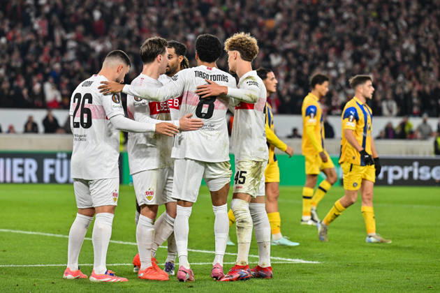 Europa League; VfB Stuttgart - Maccabi Tel Aviv; 11.12.2025 STUTTGART, GERMANY - 11. DECEMBER: Jubel der Schwaben nach dem Treffer zum 2-0 durch Tiago TOMAS (VfB Stuttgart 8) Tor Torschuetze Freude Happy während dem Match zwischen dem VfB Stuttgart und Maccabi Tel Aviv am 6. Spieltag der UEFA Europa League Ligaphase in der MHP Arena Copyright: xBEAUTIFULxSPORTS Goldbergx