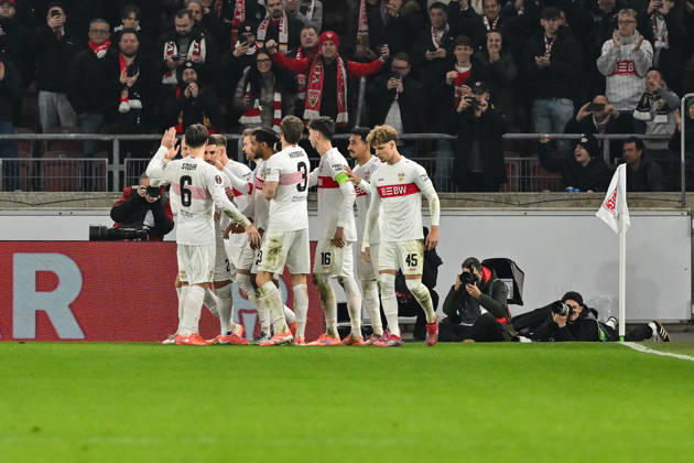 Europa League; VfB Stuttgart - Maccabi Tel Aviv; 11.12.2025 STUTTGART, GERMANY - 11. DECEMBER: Jubel der Schwaben nach dem Treffer zum 3-0 durch Maximilian MITTELSTÄDT (VfB Stuttgart 7) Tor Torschuetze Freude Happy während dem Match zwischen dem VfB Stuttgart und Maccabi Tel Aviv am 6. Spieltag der UEFA Europa League Ligaphase in der MHP Arena Copyright: xBEAUTIFULxSPORTS Goldbergx