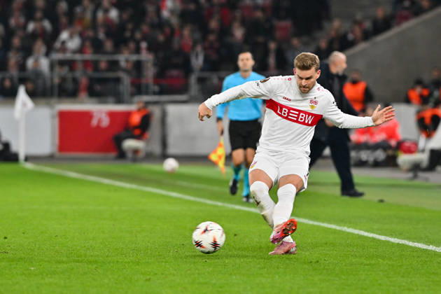 Europa League; VfB Stuttgart - Maccabi Tel Aviv; 11.12.2025 STUTTGART, GERMANY - 11. DECEMBER: am Ball Maximilian MITTELSTÄDT (VfB Stuttgart 7) Einzelfoto Freisteller während dem Match zwischen dem VfB Stuttgart und Maccabi Tel Aviv am 6. Spieltag der UEFA Europa League Ligaphase in der MHP Arena