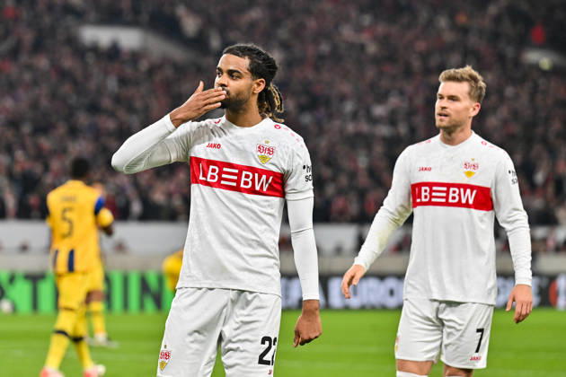 Europa League; VfB Stuttgart - Maccabi Tel Aviv; 11.12.2025 StUTTGART, GERMANY - 11. DECEMBER: Jubel der Hausherren nach dem Treffer zum 1-0 durch Lorenz ASSIGNON (VfB Stuttgart 22) Tor Torschuetze Freude Happy während dem Match zwischen dem VfB Stuttgart und Maccabi Tel Aviv am 6. Spieltag der UEFA Europa League Ligaphase in der MHP Arena