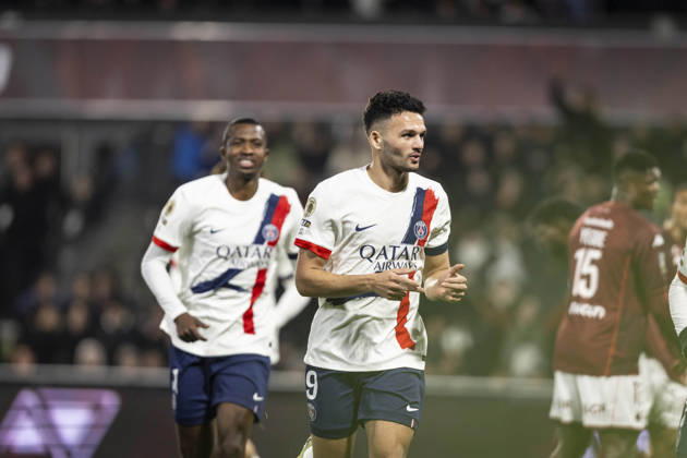 FOOTBALL: Ligue 1 FC Metz vs Paris Saint Germanin (PSG) - 13 12 2025 Stade Saint-Symphorien. Metz - France Joie des joueurs de l equipe de Paris Saint Germain (PSG) apres le but de Goncalo Ramos 9 (PSG) Copyright: xelyxandroxcegarrax