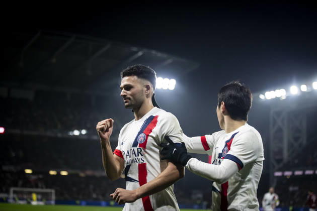 FOOTBALL: Ligue 1 FC Metz vs Paris Saint Germanin (PSG) - 13 12 2025 Stade Saint-Symphorien. Metz - France Joie des joueurs de l equipe de Paris Saint Germain (PSG) apres le but de Goncalo Ramos 9 (PSG) Copyright: xElyxandroxCEGARRAx