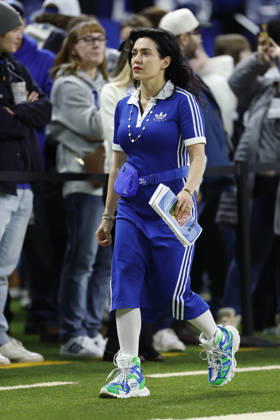 INDIANAPOLIS, IN - NOVEMBER 30: Co-owner and CEO of the Indianapolis Colts Carlie Irsay-Gordon walks down the sideline prior to the start of and NFL, American Football Herren, USA game between the Houston Texans and the Indianapolis Colts on November 30, 2025 at Lucas Oil Stadium in Indianapolis, IN. (Photo by Jeffrey Brown Icon Sportswire) NFL: NOV 30 Texans at Colts EDITORIAL USE ONLY Icon113025031
