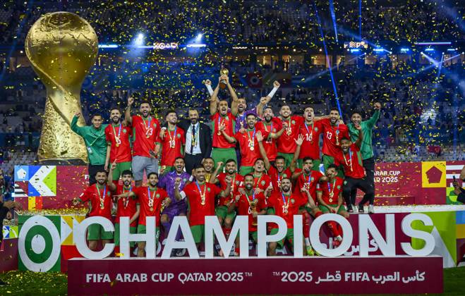 (251219) -- LUSAIL, Dec. 19, 2025 -- Players of Morocco celebrate with the trophy after winning the FIFA Arab Cup 2025 final match between Jordan and Morocco at Lusail Stadium in Lusail, Qatar, on Dec. 18, 2025. (Photo by Xinhua) (SP)QATAR-LUSAIL-FOOTBALL-FIFA ARAB CUP 2025-JORDAN VS MOROCCO Nikku 
