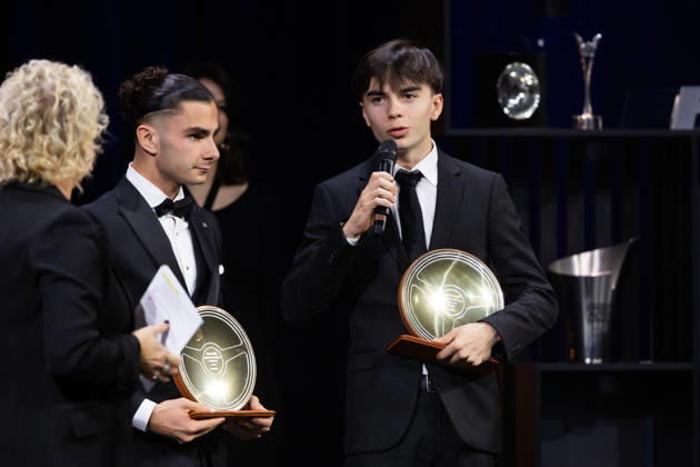 FFSA - LES TROPHEES DU AUTOMOBILE 2025 ROUSSEL Jules, Vainqueur de la Coupe du Monde F4 - Macao, Volant d Or, portrait with NAEL Thà ophile, Vainqueur du Grand Prix de Macao, Volant d Or during Les Trophà es du Sport Automobile 2025 at Salle Pleyel, on December 18, 2025 in Paris, France - ParisFrance Copyright: xGREGORYxLENORMANDx