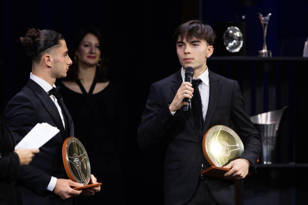 FFSA - LES TROPHEES DU AUTOMOBILE 2025 ROUSSEL Jules, Vainqueur de la Coupe du Monde F4 - Macao, Volant d Or, portrait with NAEL Thà ophile, Vainqueur du Grand Prix de Macao, Volant d Or during Les Trophà es du Sport Automobile 2025 at Salle Pleyel, on December 18, 2025 in Paris, France - ParisFrance Copyright: xGREGORYxLENORMANDx