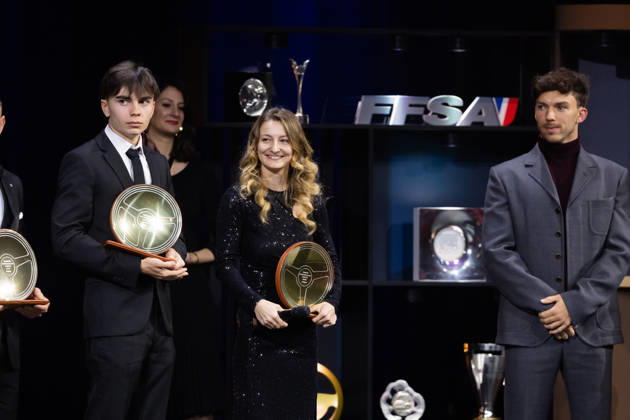 FFSA - LES TROPHEES DU AUTOMOBILE 2025 ROUSSEL Jules, Vainqueur de la Coupe du Monde F4 - Macao, Volant d Or, portrait, PIN Doriane, Championne F1 Academy, Volant d Or, portrait, GASLY Pierre, F1 driver, portrait during Les Trophà es du Sport Automobile 2025 at Salle Pleyel, on December 18, 2025 in Paris, France - ParisFrance Copyright: xGREGORYxLENORMANDx