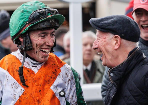 Thurles Racing, Thurles Racecourse, Tipperary 20 12 2025 Billy Harney Memorial Irish EBF Boreen Belle Mares Novice Hurdle Jack Kennedy shares a joke with trainer Thomas Cooper after winning with Amen Kate Jack Kennedy shares a joke with Thomas Cooper after winning with Amen Kate 20 12 2025  Copyright: x INPHO TomxMaherx B48I8698