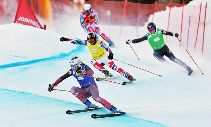 SKI CROSS - FIS SX WC Innichen INNICHEN,ITALY,20.DEC.25 - SKI CROSS - FIS World Cup, ladies, men. Image shows Jared Schmidt (CAN), Evan Klufts (FRA), Melvin Tchiknavorian (FRA) and David Mobaerf (SWE).  GEPAxpictures xMatthiasxHauer