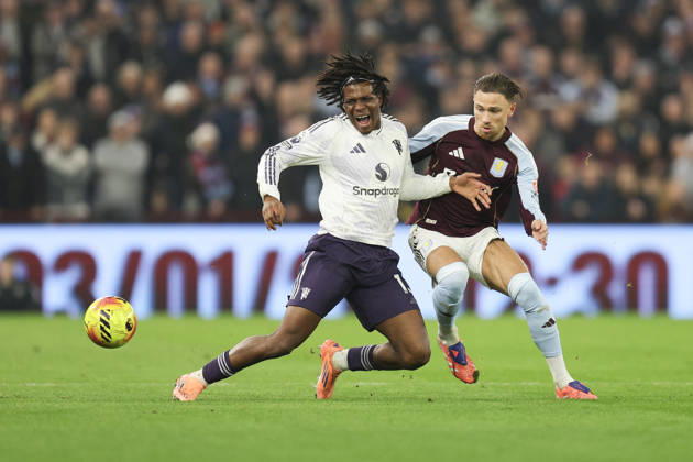 Birmingham, England, 21st December 2025. Patrick Dorgu of Manchester United, ManU and Matty Cash of Aston Villa during the Aston Villa vs Manchester United Premier League match at Villa Park, Birmingham. Picture credit should read: James Baylis Sportimage EDITORIAL USE ONLY. No use with unauthorised audio, video, data, fixture lists, club league logos or live services. Online in-match use limited to 120 images, no video emulation. No use in betting, games or single club league player publications. SPI_019_JB_ASTON_VILLA_MANUTD SPI-4388-0019