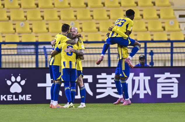 AFC CHAMPIONS LEAGUE ELITE, AL GHARAFA SC V AL WAHDA FC Plauers of Al Gharafa SC celebrates after scoring a goal during the AFC Champions League elite west football match between Qatar s Al Gharafa SC and United Arab Emirates Al Wahda FC at Thani Bin Jassim Stadium in Doha, Qatar on December 22, 2025. DOHA Qatar Copyright: xNOUSHADxTHEKKAYILx