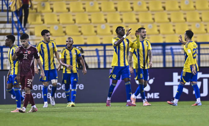 AFC CHAMPIONS LEAGUE ELITE, AL GHARAFA SC V AL WAHDA FC Seydou Sano (2-R) of Al Gharafa SC celebrates after scoring a goal during the AFC Champions League elite west football match between Qatar s Al Gharafa SC and United Arab Emirates Al Wahda FC at Thani Bin Jassim Stadium in Doha, Qatar on December 22, 2025. DOHA Qatar Copyright: xNOUSHADxTHEKKAYILx
