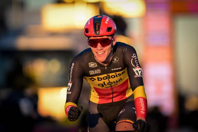 Belgian Thibau Nys celebrates as he crosses the finish line to win the men s elite race at the World Cup cyclocross cycling event in Dendermonde, Belgium, stage 8 (out of 12) of the UCI World Cup cyclocross competition, Sunday 28 December 2025. DAVIDxPINTENS x151955249x