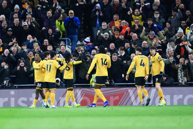 Liverpool, England, 7th January 2026. Mateus Mane of Wolverhampton Wanderers celebrates with teammates after scoring his team™s first goal during the Everton vs Wolverhampton Wanderers Premier League match at Hill Dickinson Stadium, Liverpool. Picture credit should read: Jessica Hornby Sportimage EDITORIAL USE ONLY. No use with unauthorised audio, video, data, fixture lists, club league logos or live services. Online in-match use limited to 120 images, no video emulation. No use in betting, games or single club league player publications. SPI_040_JH_EVERTON_WOLVES SPI-4436-0040