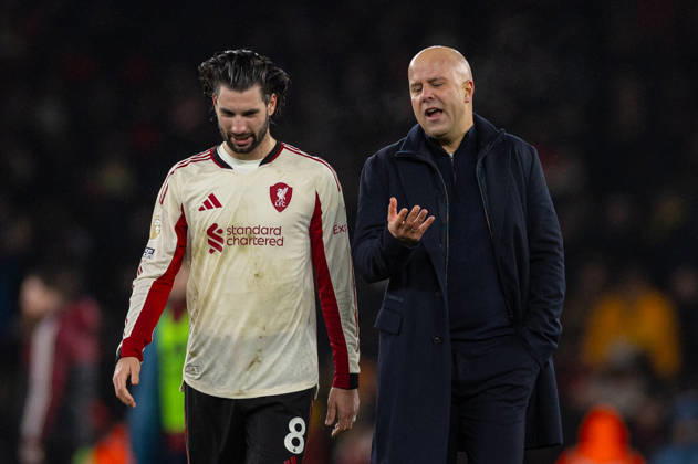 Football - FA Premier League - Arsenal FC v Liverpool FC LONDON, ENGLAND - Thursday, January 8, 2026: Liverpool s head coach Arne Slot and Dominik Szoboszlai (L) after the FA Premier League match between Arsenal FC and Liverpool FC at the Emirates Stadium. (Photo by David Rawcliffe Propaganda) LONDON Emirates Stadium GREATER LONDON ENGLAND Copyright: xDavidxRawcliffex P2026-01-08-Arsenal_Liverpool-95