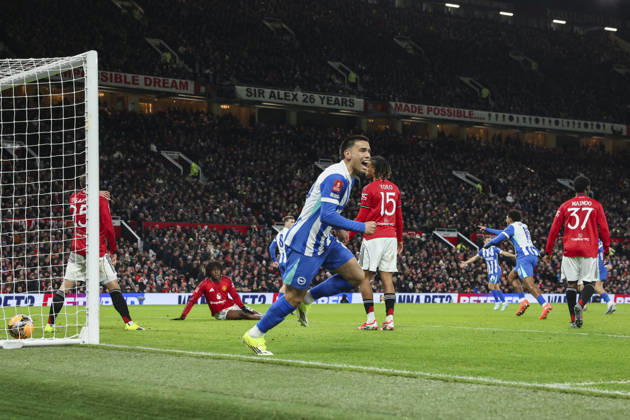 Manchester United, ManU v Brighton & Hove Albion, Emirates FA Cup Brighton & Hove Albion midfielder Brajan Gruda (8) scores a GOAL 0-1 during the Manchester United v Brighton & Hove Albion Emirates FA Cup Third Round match at Old Trafford, Manchester, England on 11 January 2026 Credit: Phil Duncan Every Second Media Editorial use only. All images are copyright Every Second Media Limited. No images may be reproduced without prior permission. All rights reserved. Premier League and Football League images are subject to licensing agreements with Football DataCo Limited. see https: www.football-dataco.com Copyright: xIMAGO EveryxSecondxMediax ESM-1750-0040 PhilxDuncanx xEveryxSecondxMediax