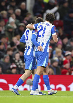 Manchester United, ManU v Brighton & Hove Albion, Emirates FA Cup Brighton & Hove Albion midfielder Brajan Gruda (8) scores a GOAL 0-1 and celebrates with Brighton & Hove Albion defender Olivier Boscagli (21) during the Manchester United v Brighton & Hove Albion Emirates FA Cup Third Round match at Old Trafford, Manchester, England on 11 January 2026 Credit: Phil Duncan Every Second Media Editorial use only. All images are copyright Every Second Media Limited. No images may be reproduced without prior permission. All rights reserved. Premier League and Football League images are subject to licensing agreements with Football DataCo Limited. see https: www.football-dataco.com Copyright: xIMAGO EveryxSecondxMediax ESM-1750-0046 PhilxDuncanx xEveryxSecondxMediax
