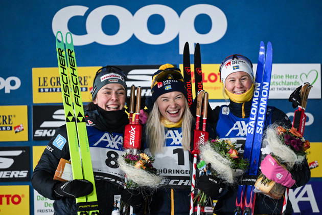 (L-R) Coletta RYDZEK (GER), Jonna SUNDLING (SWE) und Maja DAHLQVIST (NOW) auf dem Podium bei der Siegerehrung, GER, FIS Coop Langlauf Weltcup Oberhof, Sprint Finals, Frauen, 17.01.2026. GER, FIS Coop Langlauf Weltcup Oberhof, Sprint Finals, Frauen Oberhof Copyright: xEibner-Pressefoto FlorianxWiegandx EP_FWD