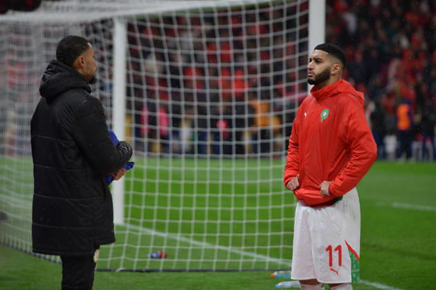 ISMAEL SAIBARI prevents YEHVANN Diouf from handing the towel to his goalkeeper during Africa Cup of Nations Morocco 2025 - FINAL. SENEGAL vs Morocco -PRINCE MOULAY ABDELLAH STADIUM 18 JANUARY 2026 By IMAGO Didier Lefa Studio RABAT PRINCE MOULAY ABDELLAH STADIUM Morocco