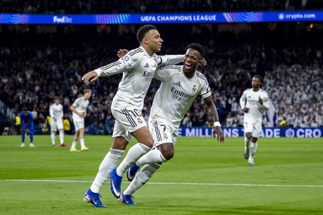 Real Madrid C.F. v AS Monaco - UEFA Champions League 2025 26 League Phase MD7 Kylian Mbappe of Real Madrid (L) celebrates his goal with Vinicius Junior of Real Madrid (R) during the UEFA Champions League 2025 26 League Phase MD7 match between Real Madrid C.F. and AS Monaco at Estadio Santiago Bernabeu on January 20, 2026 in Madrid, Spain. Madrid Estadio Santiago Bernabeu Madrid Spain Copyright: xAlbertoxGardinx AGardin_20260120_Foot_Champ_ReaMad_Mon_0660