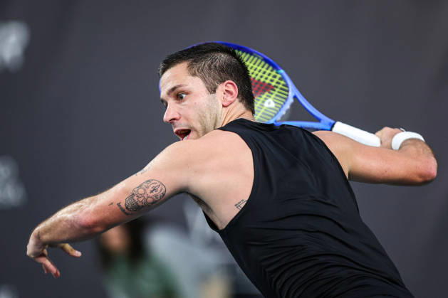 Indoor Oeiras Open 2 - Jaime Faria VS Alexis Galarneau Alexis Galernau of Canada competes against Jaime Faria of Portugal during the second round of the Indoor Oeiras Open 2026 - Challenger Tour Tennis at Clube de Tenis do Jamor in Oeiras, Portugal, on January 30, 2026. Lisbon Lisboa Portugal Copyright: xMiguelxReisx originalFilename:reis-notitle260130_nptU9