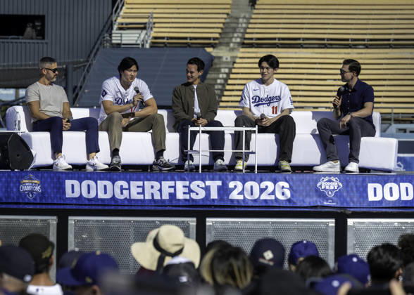 January 31, 2026, Los Angeles, California, USA: Los Aangeles Dodgers SHOHEI OHTANI and ROKI SASAKI being interivewed during DodgerFest on January 31, 2026. News - January 31, 2026 - ZUMAh234 20260131_zsp_h234_010 Copyright: xMarkxEdwardxHarrisx