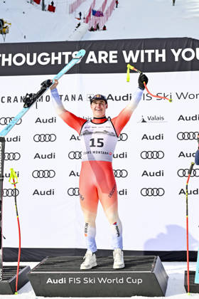ALPINE SKIING - FIS WC Crans Montana CRANS MONTANA,SWITZERLAND,01.FEB.26 - ALPINE SKIING - FIS World Cup, downhill, men. Image shows the rejoicing of Franjo von Allmen (SUI).  GEPAxpictures xAvnixRetkoceri