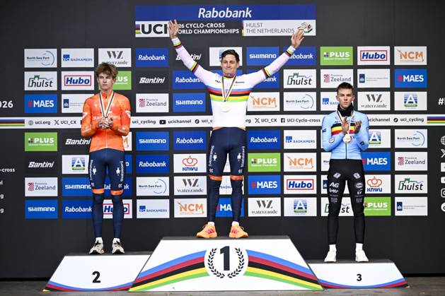 UCI World Championships 2026 Hulst HULST, THE NETHERLANDS - FEBRUARY 01 : Del Grosso Tibor (Ned), Nys Thibau (Bel) and Van Der Poel Mathieu (Ned) on the podium during the 2026 UCI Cyclo-Cross World Championships for Men Elite on February 01, 2026 in Hulst, The Netherlands, 01 02 2026 Hulst The Netherlands  Copyright: xNicoxVereeckenx