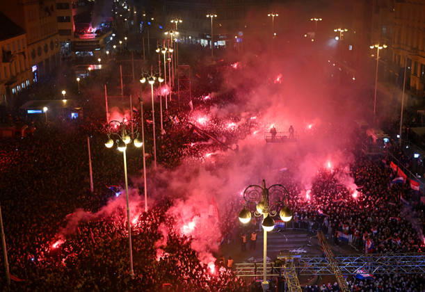 Ceremonial welcome for Croatian National Handball Team after winning bronze at the Men s EHF EURO 2026 Croatia fans light flares during ceremonial welcome for Croatia Handball Team at ban Jelacic Square in Zagreb, Croatia on February 2, 2026. Croatia won bronze medal at the 2026 EHF European Men s Handball Championship.  MarkoxLukunic PIXSELL