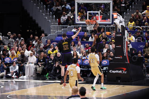 January 30, 2026, Washington, District Of Columbia, USA: BRONNY JAMES 9 of the Los Angeles Lakers dunks the ball during the game against the Washington Wizards at Capital One Arena Washington USA - ZUMAs352 20260130_zsp_s352_005 Copyright: xSabinaxShyshx