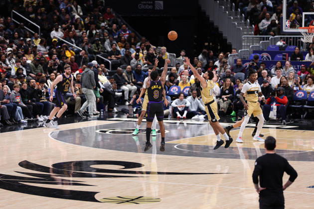 January 30, 2026, Washington, District Of Columbia, USA: BRONNY JAMES 9 of the Los Angeles Lakers shoots a three point basket during the game against the Washington Wizards at Capital One Arena Washington USA - ZUMAs352 20260130_zsp_s352_003 Copyright: xSabinaxShyshx