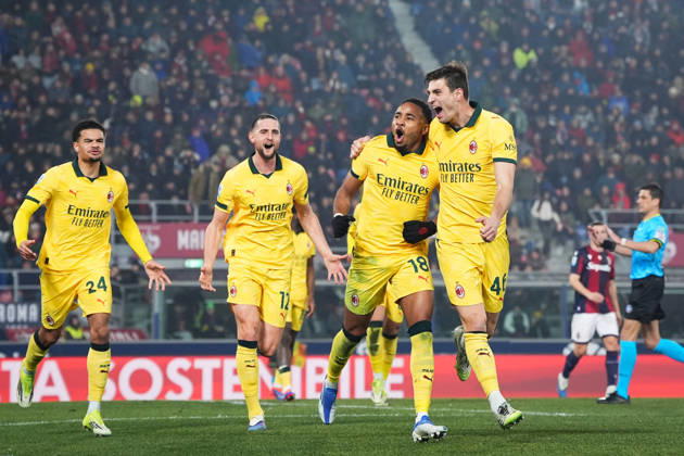 AC Milan s Christopher Nkunku celebrates after scoring the 0-2 goal for his team during the Serie A soccer match between Bologna and Milan at the Renato DallÕAra Stadium in Bologna, north Italy - Tuesday, February 3, 2026 - Copyright: xMassimoxPaolone LaPressex