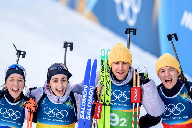 260208 Vanessa Voigt, Franziska Preuss, Philipp Nawrath and Justus Strelow of Germany celebrate after competing in biathlon mixed relay during day 2 of the 2026 Winter Olympics on February 8, 2026 in Anterselva. Photo: Mathias Bergeld BILDBYRAN kod MB MB1316 skidskytte biathlon skiskyting Olympic Games, Olympische Spiele, Olympia, OS olympics winter olympics os ol olympiska spel vinter-os olympiske leker milano cortina 2026 milan cortina 2026 milano cortina 2026 olympic games milano cortina 2026 winter olympic games milano cortina-os milano cortina-ol vinter-ol 2 bbeng mixed relay stafett mixedstafett tyskland jubel Copyright: MATHIASxBERGELD BB260208MB042